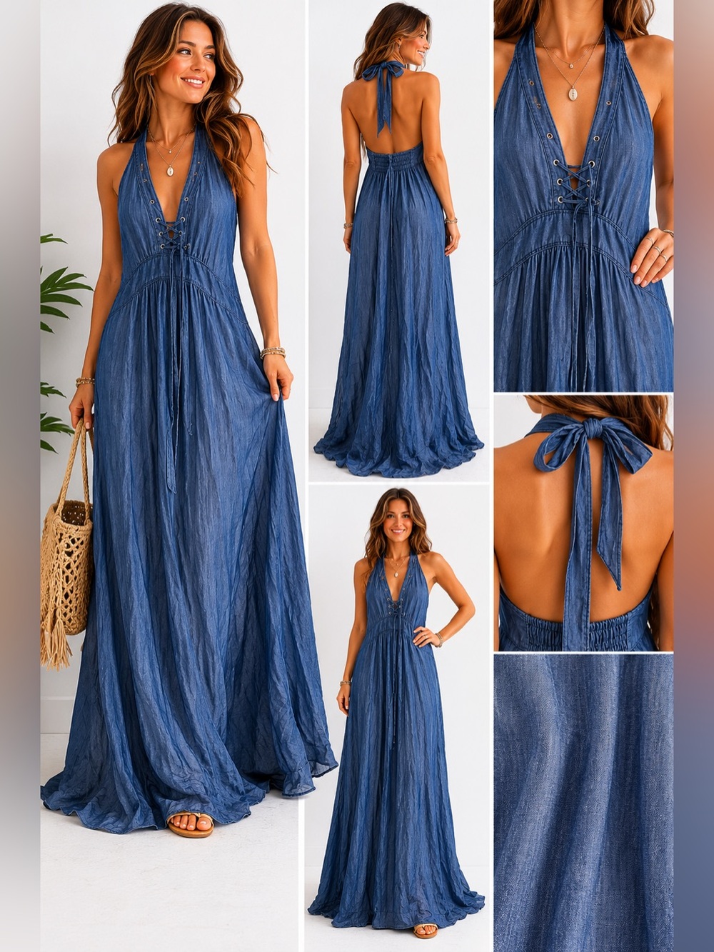 Boho Chambray Halter Maxi Dress Lace-Up Front Open Back Blue Size XLarge NWT